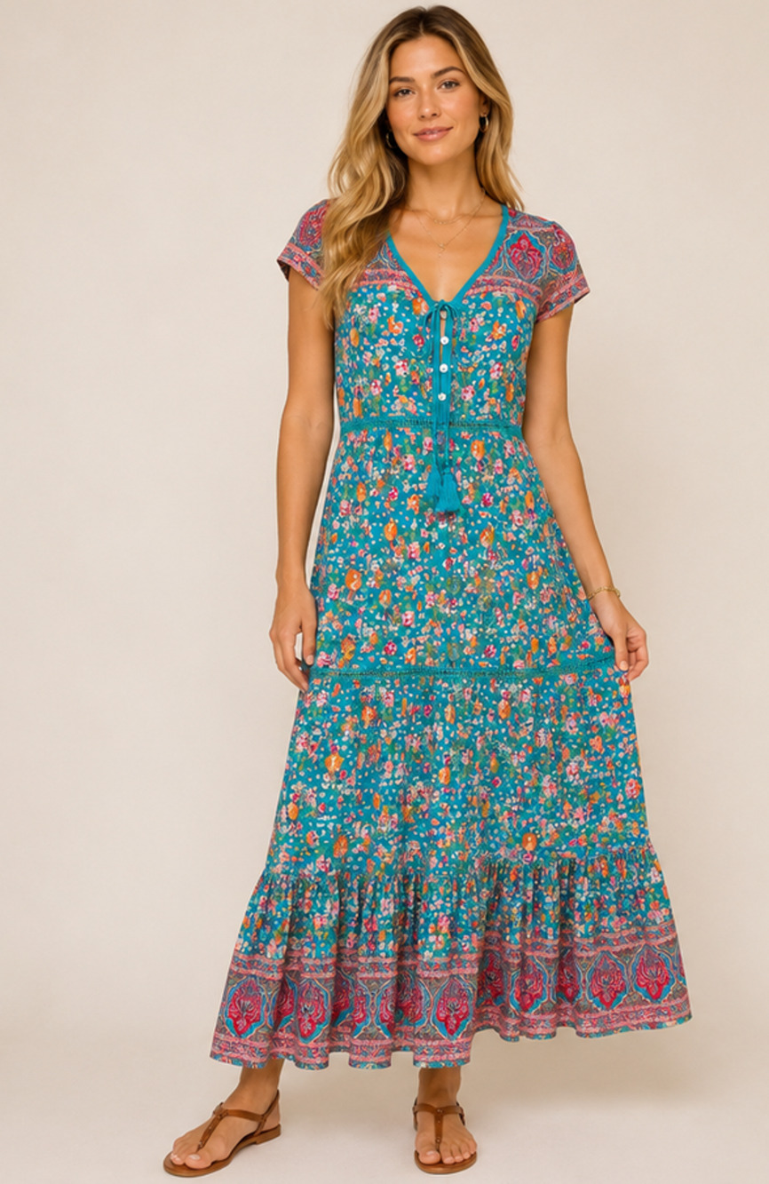 Tulle & Batiste Lily Boho Florence Green Floral Paisley Maxi Dress Tassel Sz S